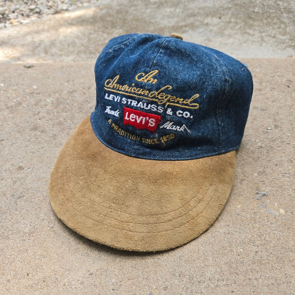 VTG 90s Levis Hat Blue Denim Suede‎ OSFA American Legend Embroidered Strapback